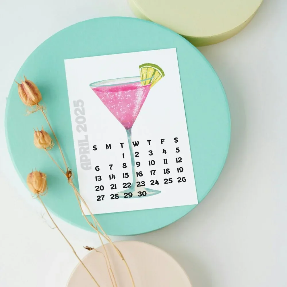 NEW 2025 Cocktails Delight Desk Calendar Print Cards - Calendar Card Refills